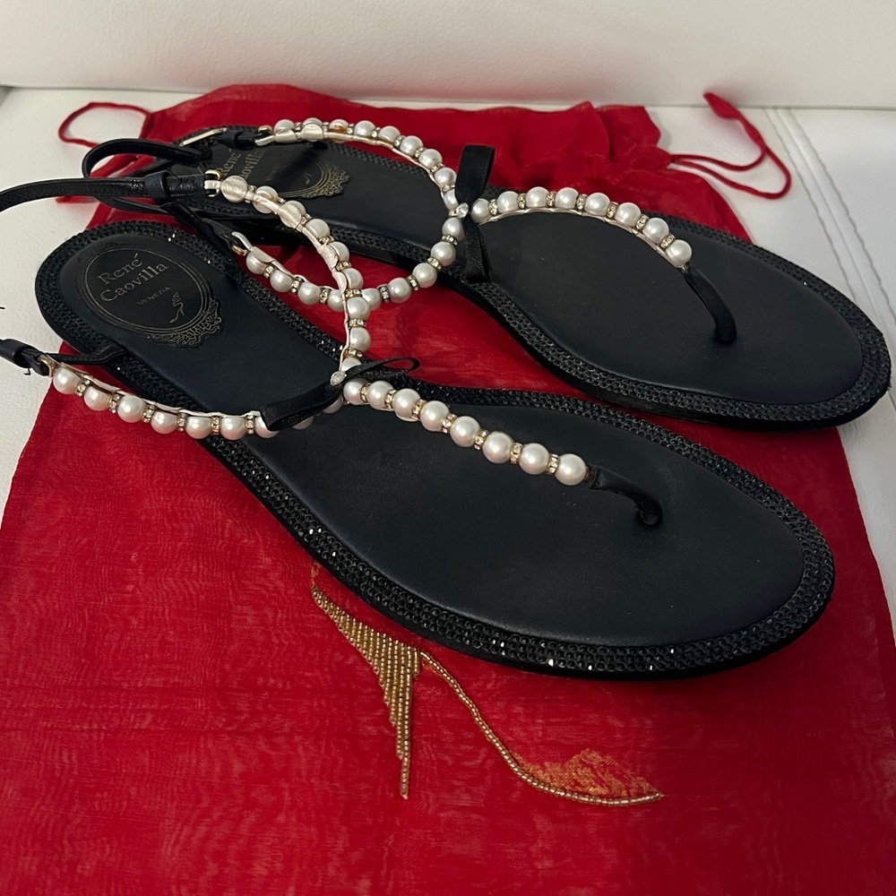 Rene Caovilla Black Sandals with Pearl Accents